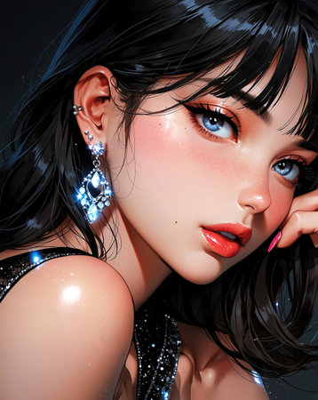 3D illustration of a beautiful girl with blue eyes and black hairの素材