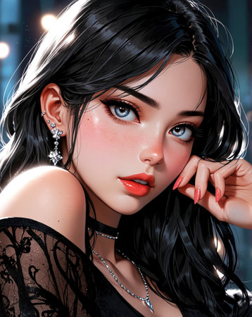 3D illustration of a beautiful girl with long black hair and evening make-up.の素材