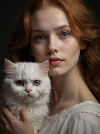 Portrait of a beautiful young red-haired woman with a white catの素材