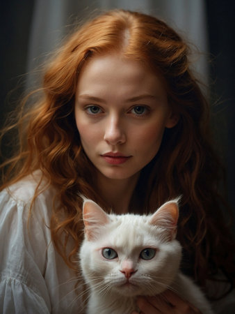 Portrait of a beautiful redhead girl with a white cat.の素材
