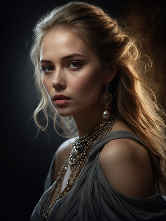 Portrait of a beautiful young woman with blond hair and makeup.の素材