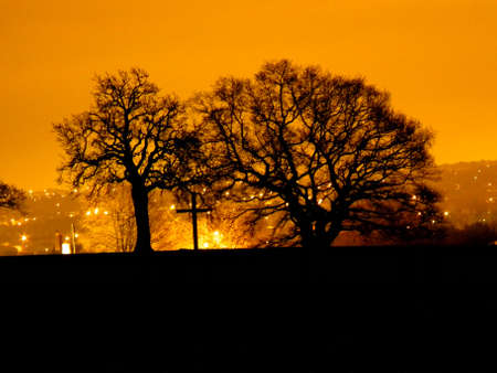 Over exposed night sky, showing silhouetted trees and a mysterious cross.の写真素材