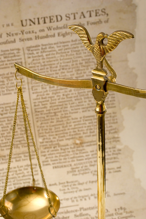 Scales of justice and Bill of Rights. Concepts of justice, law, history. Focus is on eagle.の写真素材