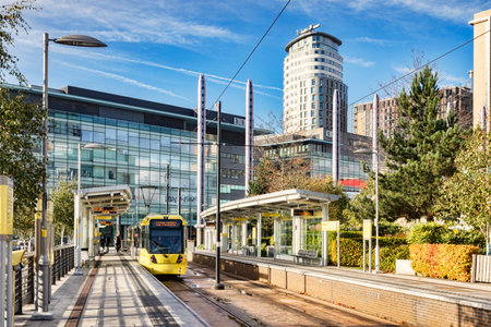 Manchester Metrolink tram at Media City UKのeditorial素材