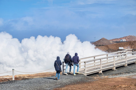 Tourists at Gunnuhver Hot Springs Icelandのeditorial素材