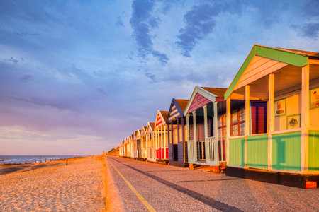 Southwold Morning, and Beach Hutsのeditorial素材