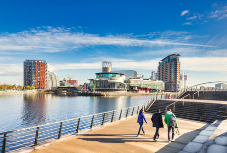 Salford Quays Manchester, Three Young Tourists Strolling in Sunshineのeditorial素材