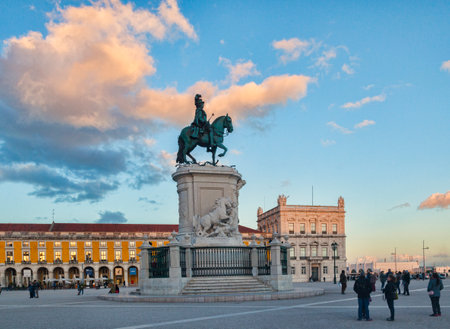 6 March 2018: Lisbon, Portugal - Praca do Comercio, or Commercial Square, with the equestrian statue of King Jose I, at sunset.のeditorial素材