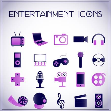 Vector illustration of entertainment icons on white-purple backgroundのイラスト素材