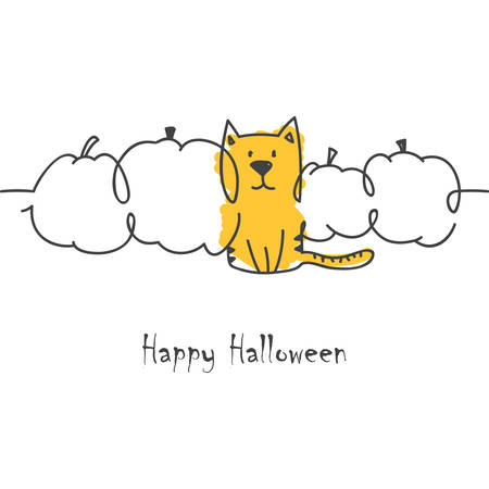 Doodle vector Halloween illustration of a cat sitting between pumpkinsのイラスト素材