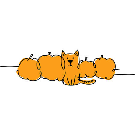 Doodle vector Halloween illustration of a cat sitting between pumpkinsのイラスト素材