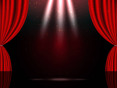 Empty theatrical scene stage with red curtains and lightsのイラスト素材