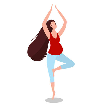 Pregnant Woman in Prenatal Yoga Pose Cartoon Illustrationのイラスト素材