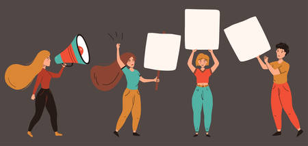 Group of protesting people holding blank banners and loudspeaker at peaceful demonstration. Public activists and socially active people.のイラスト素材