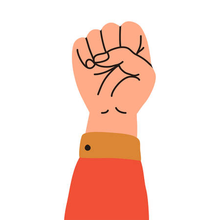 Vector cartoon illustration of a raised fist,  protest symbol. Power sign. Social activist concept. Isolated on white background.のイラスト素材