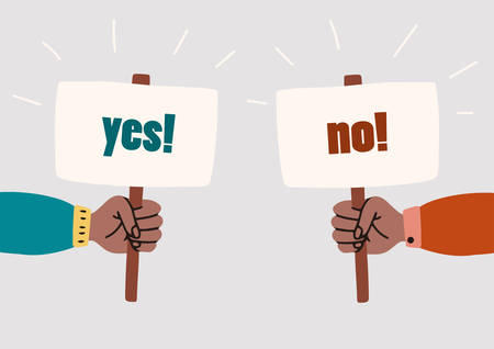 Human hands holding YES and NO banners. Choice hesitate, dilemma, opponent view. Vector cartoon flat illustration isolated on white background.のイラスト素材