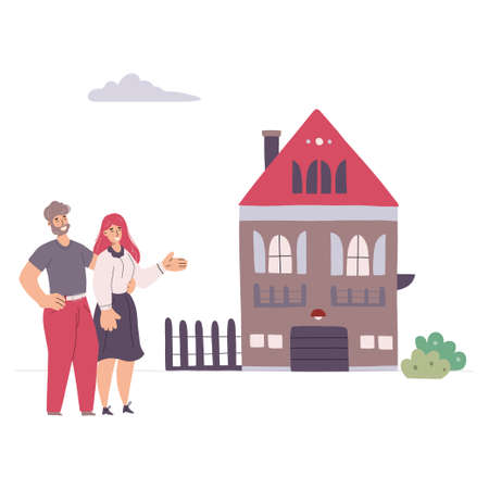 A couple buying or renting a house. Vector flat illustration isolated on white backgroundのイラスト素材
