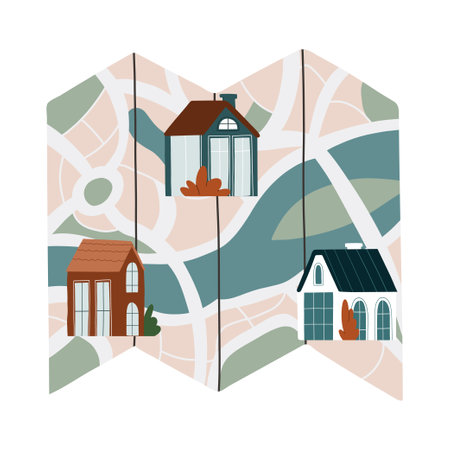 Real estate infographic pointing to the house on the map. The best location. Vector flat illustration isolated on white backgroundのイラスト素材