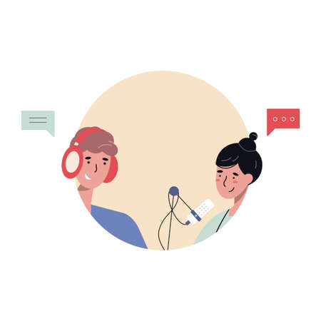 Man and woman live streaming, broadcast. Vector illustration in flat styleのイラスト素材