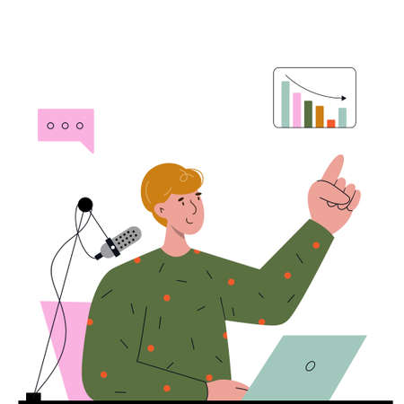 Man speaking into the microphone on the air. Analytic broadcast. Interview, podcast, video recordingのイラスト素材