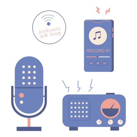 Vector illustration of podcast listening and recording gadgets. Isolated on whiteのイラスト素材