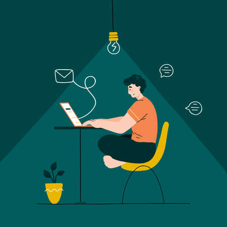 Man sitting on a chair and working/chatting using his laptop. Work from home concept. vector flat illustrationのイラスト素材