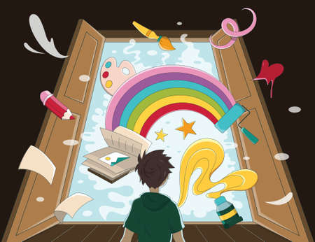 A boy opens doors to creative world of drawing. Color book cover. Graffiti hand drawn poster. Colorful vector cartoon banner with doodle elementsのイラスト素材