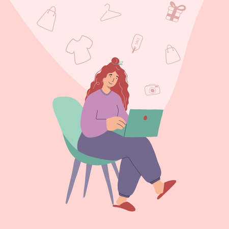 Woman shopping in the online store sitting on a chair. Online shopping concept. Vactor flat illustrationのイラスト素材