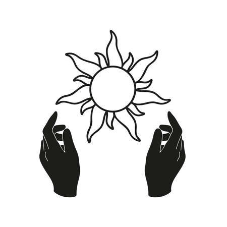 Human hands holding sun, outline boho vector illustrationのイラスト素材