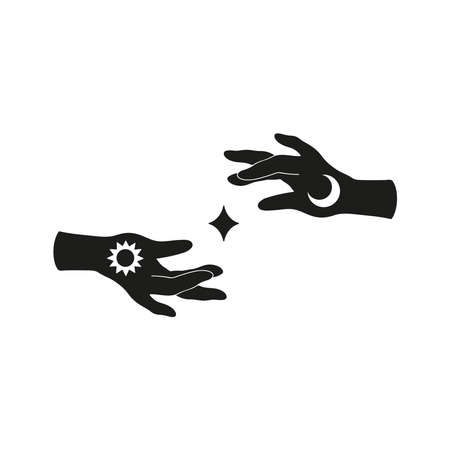 Celestial human hands with a star, outline boho vector illustrationのイラスト素材