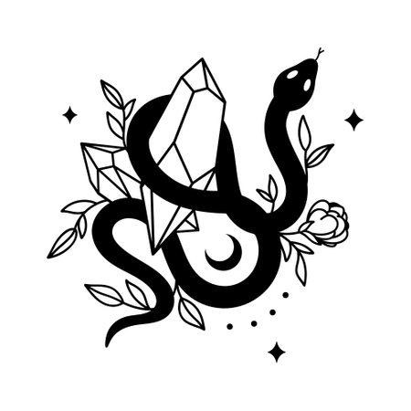 Snake with crystal and flowers, outline vector illustrationのイラスト素材