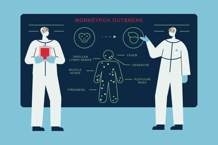 Two doctors in medical protective suits analyzing mokeypox virus symptoms. medical health care research. Web banner or landing page conceptのイラスト素材