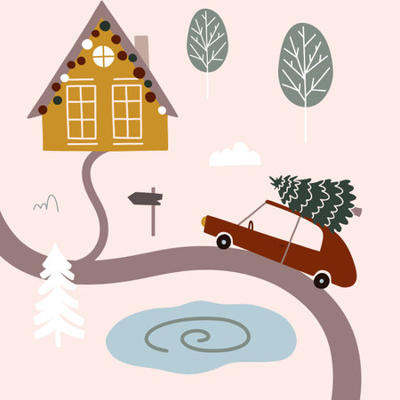 Cartoon vector illustration of a car with a Christmas tree on it, a house in the winter forestのイラスト素材