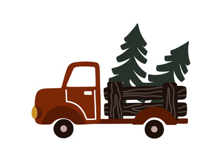 Cartoon vector illustration of a red truck with Christmas treesのイラスト素材