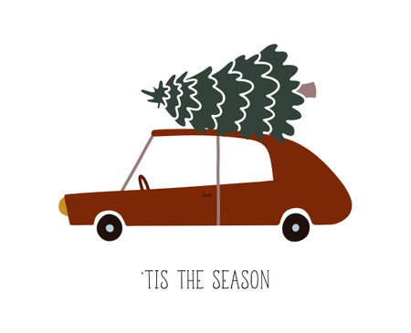 Cartoon vector illustration of a red car with Christmas treeのイラスト素材