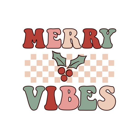Merry Vibes. Groovy hippie Christmas lettering. retro cartoon styleのイラスト素材
