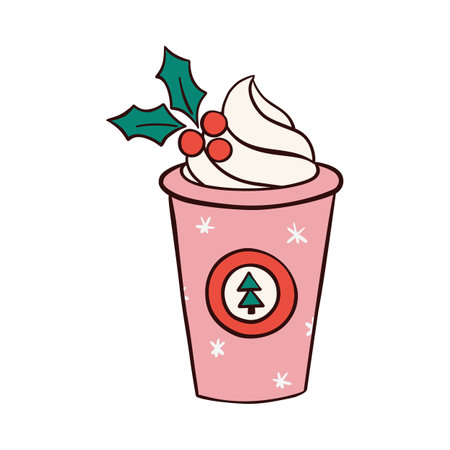 Groovy hippie Christmas cup of coffee to go with a mistletoe. cartoon elementのイラスト素材
