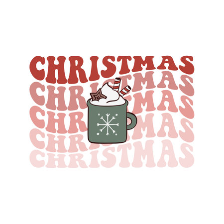 Groovy hippie Christmas lettering with a cup of cocoa. retro cartoon styleのイラスト素材