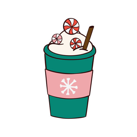 Groovy hippie Christmas cup of coffee to go with peppermint candies. cartoon elementsのイラスト素材