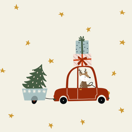 Reindeer driving a car with gift boxes and a pine tree. christmas concept. cartoon vector styleのイラスト素材
