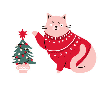 Christmas cat in a sweater trying to overturn the Christmas tree. cartoon vector styleのイラスト素材