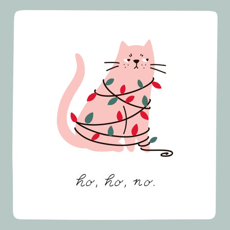 Grumpy Christmas cat decorated with garlands. cartoon vector styleのイラスト素材