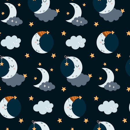 Crescent moon on dark background. Seamless pattern. Flat vector cartoon styleのイラスト素材