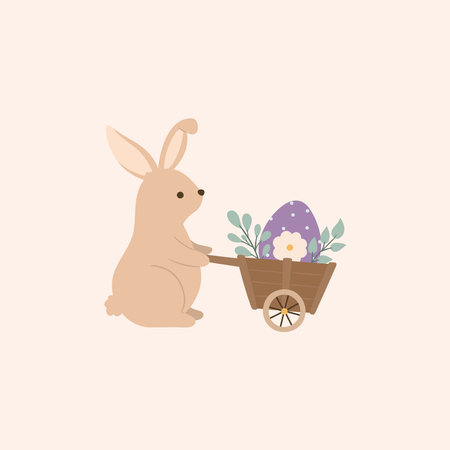 Easter bunny with a wheelbarrow with an egg and leaves in it, vector illustration in pastel colorsのイラスト素材