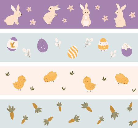 Set of banners with Easter bunnies, eggs, chicken and carrots, vector illustrationsのイラスト素材