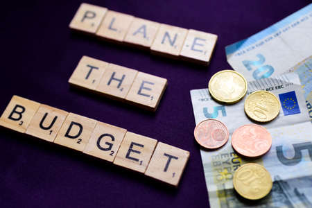 Business and finance concept. The word 'budget' on wooden cubes, money and coins.の写真素材
