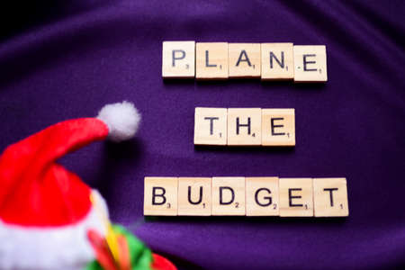The word plan the budget in wooden letters on a purple background.の写真素材