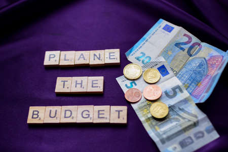 Business and finance concept. On a purple background are euro banknotes, coins and the inscription - PLAN THE BUDGETの写真素材
