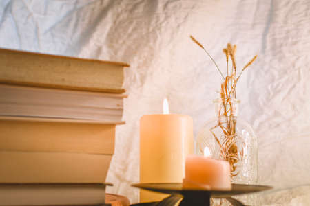 Books, candles and vase with dried flowers on a light backgroundの写真素材