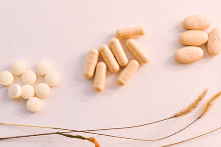 Pills and dry spikelets on a white background, top viewの写真素材